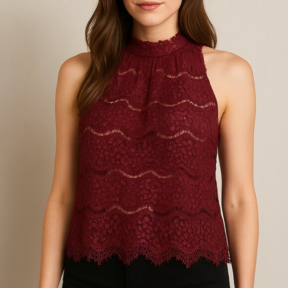 Love Fire Burgundy Lace Mock Neck Sleeveless Blouse XL - Picture 1 of 12